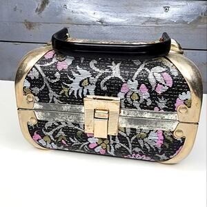Vintage Floral Metallic Embossed Vanity Make Up Case Box Purse